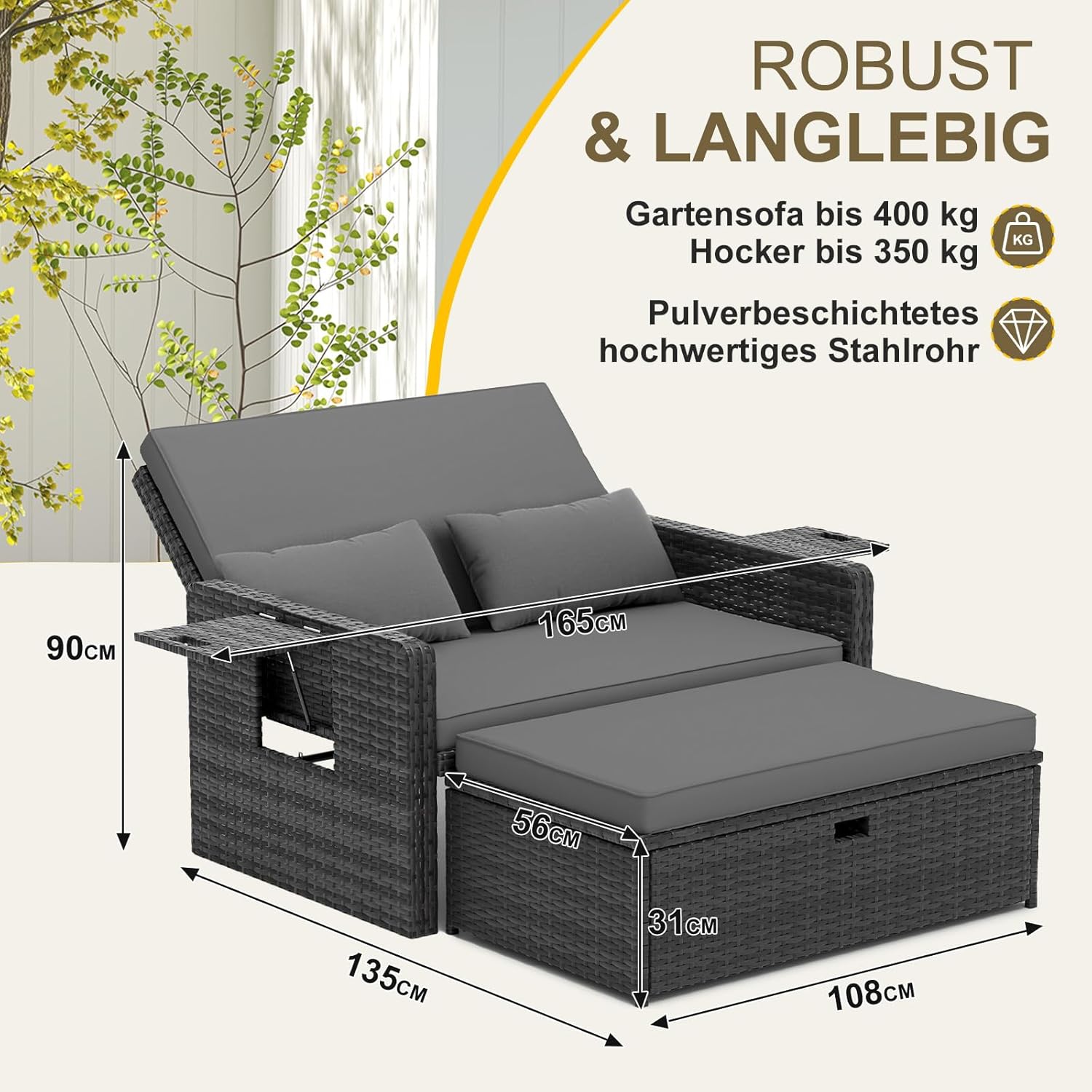 UDPATIO Rattan Lounge Sofa 2-Sitzer Grau meliert mit Hocker & Stauraum, verstellbare Rückenlehne, Metall & PE-Rattan