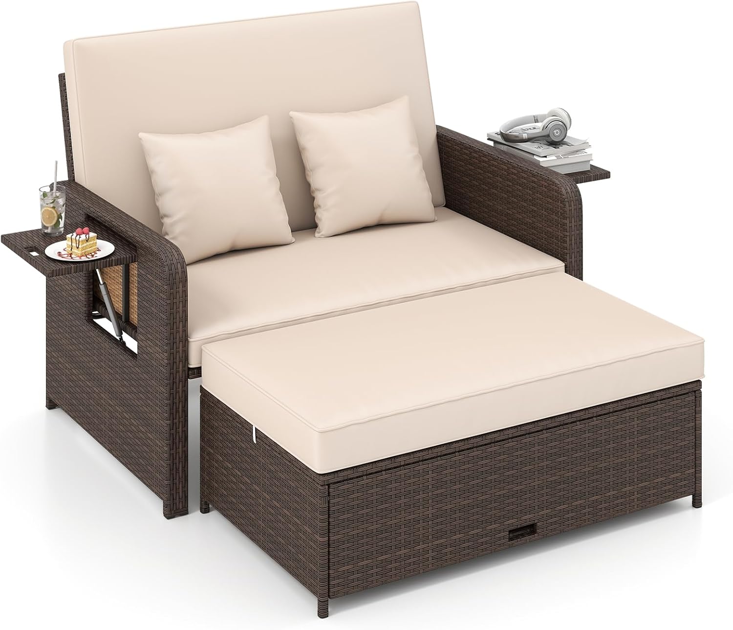 GIANTEX Rattan Lounge Gartenmöbel Set 2-Sitzer Doppelliege mit Hocker & Stauraum, Verstellbares Outdoor Sofa Balkon Terrasse