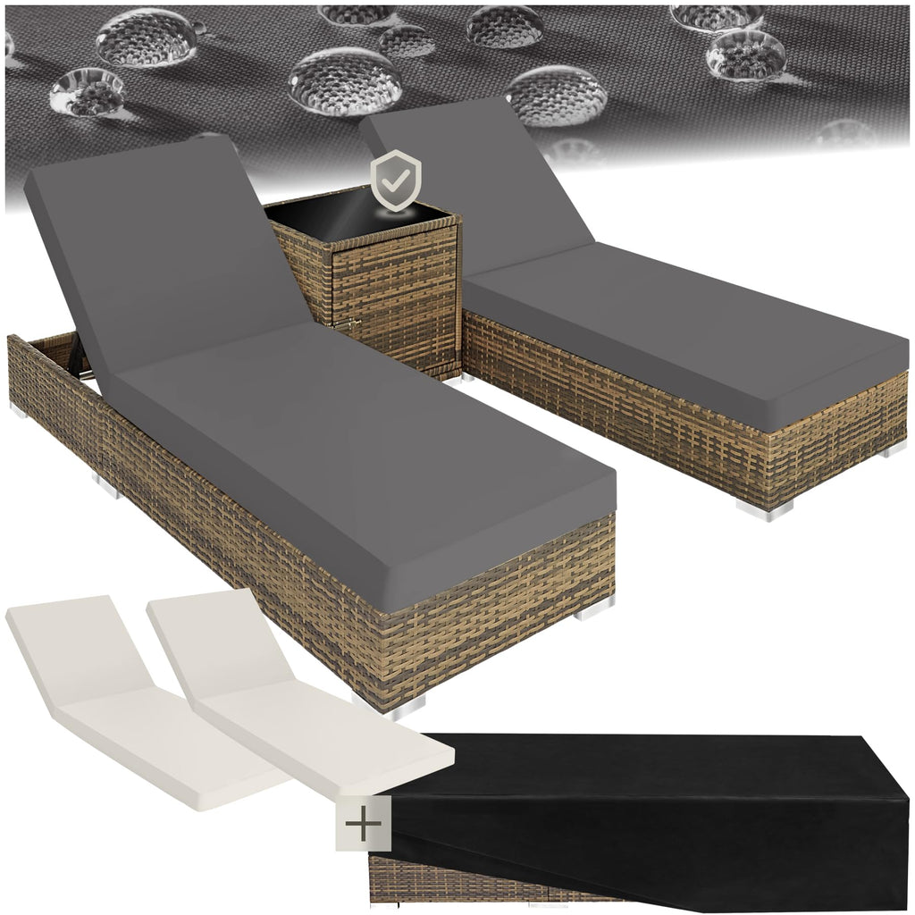 tectake 2er Gartenliege Set mit Tisch - Aluminium & Polyrattan Sonnenliegen, 5-fach Verstellbar, Schutzhülle inklusive