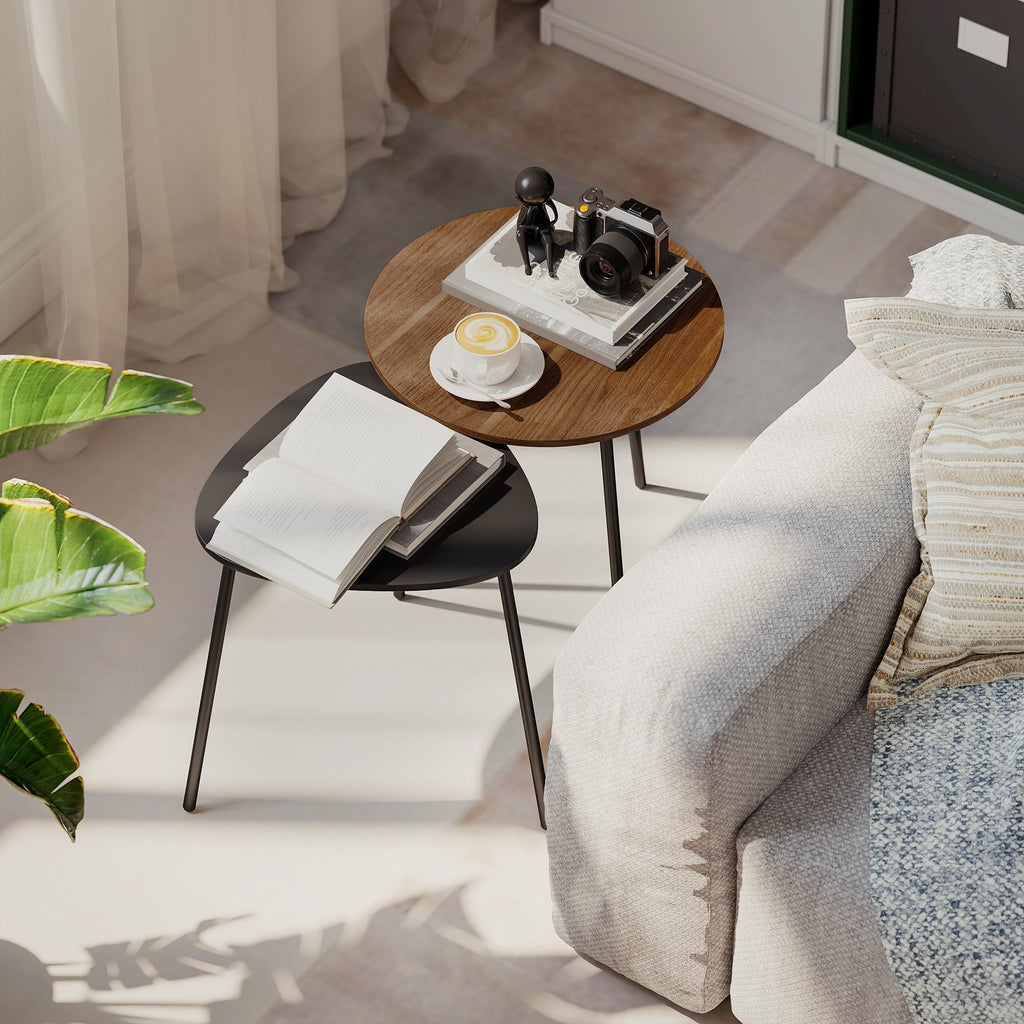 Elegantes Set mit 2 Satztischen in Walnussoptik und Schwarz – Runder & Dreieckiger Couchtisch im Modernen Design