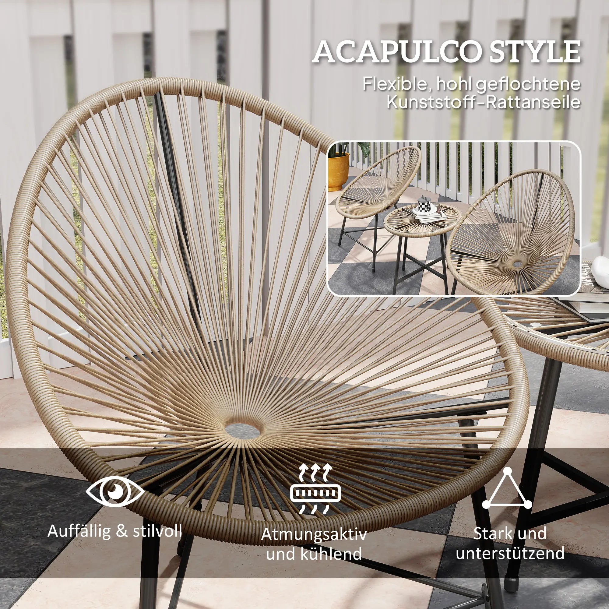 Stilvolle Acapulco Sitzgruppe für Balkon und Terrasse – 2 Sessel und Tisch – Naturfarbenes Rattan