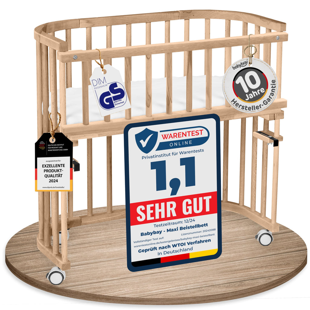babybay Original Beistellbett aus massivem Buchenholz mit Matratze – Höhenverstellbares mitwachsendes Babybett