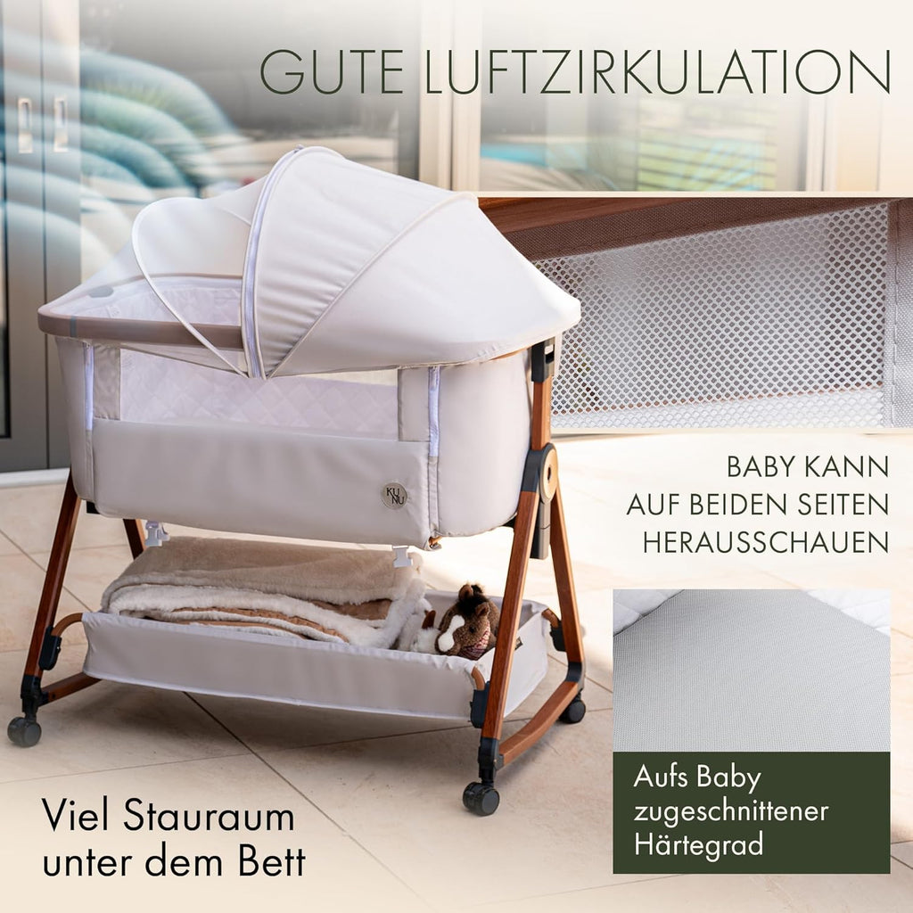 KUNU Babybett Beistellbett 3in1 mit Rollen Beige höhenverstellbar