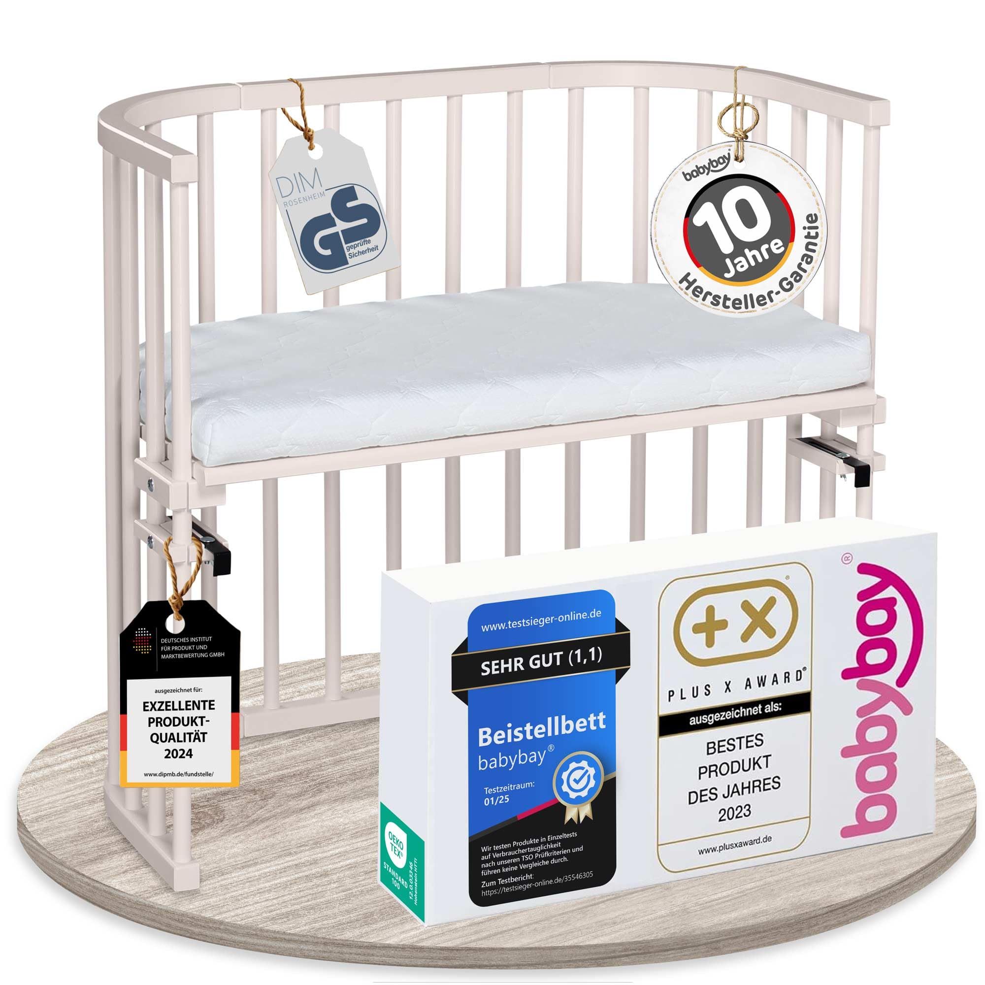 babybay Original Beistellbett aus massivem Buchenholz mit Matratze – Höhenverstellbares mitwachsendes Babybett