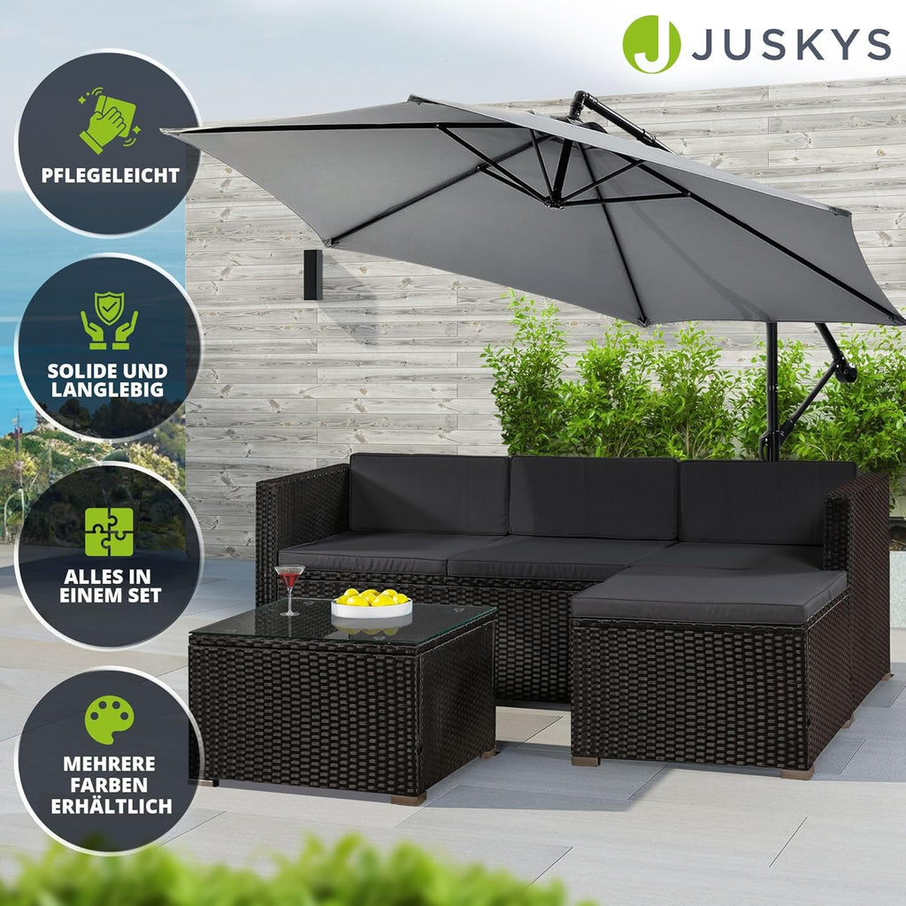 Juskys Polyrattan Lounge Set für 3-4 Personen mit Sofa, Hocker, Tisch & Kissen, Wetterfeste Gartenmöbel