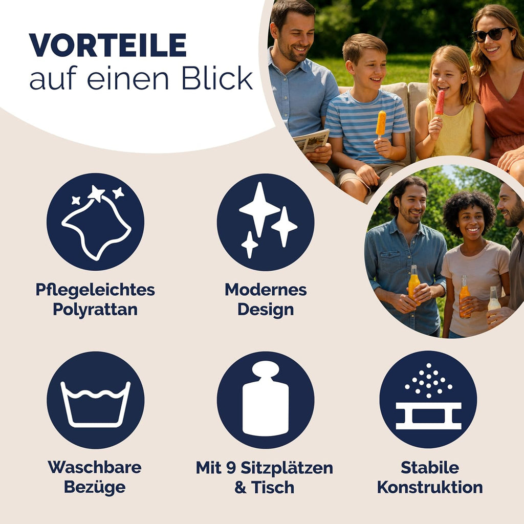 Casaria Polyrattan Ecklounge Set Schwarz mit WPC Tisch, Sessel & 2 Hockern, Wetterfeste Gartenmöbel für Terrasse & Balkon