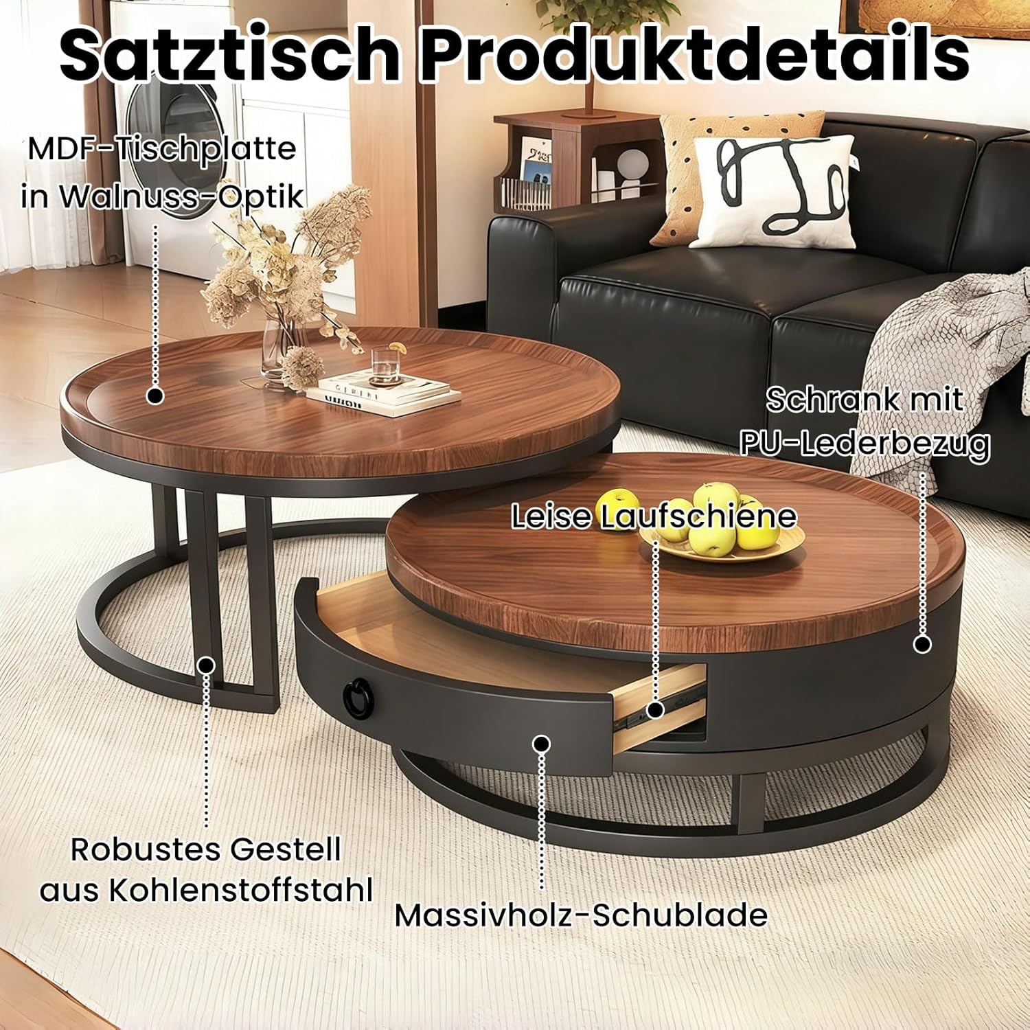 Couchtisch rund 2er Set mit Stauraum, Wohnzimmertisch mit Holz Schubladen, Walnussoptik und Metallrahmen, Moderne Kaffeetische Satztische Sofatisch für Wohnzimmer Schlafzimmer