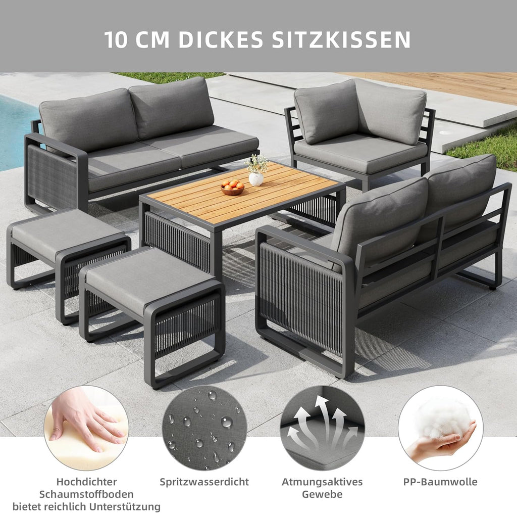 Merax Gartenmöbel Lounge Set Grau für 6-7 Personen, Wetterfestes Gartensofa mit Liege & Eckgarnitur für Terrasse und Balkon