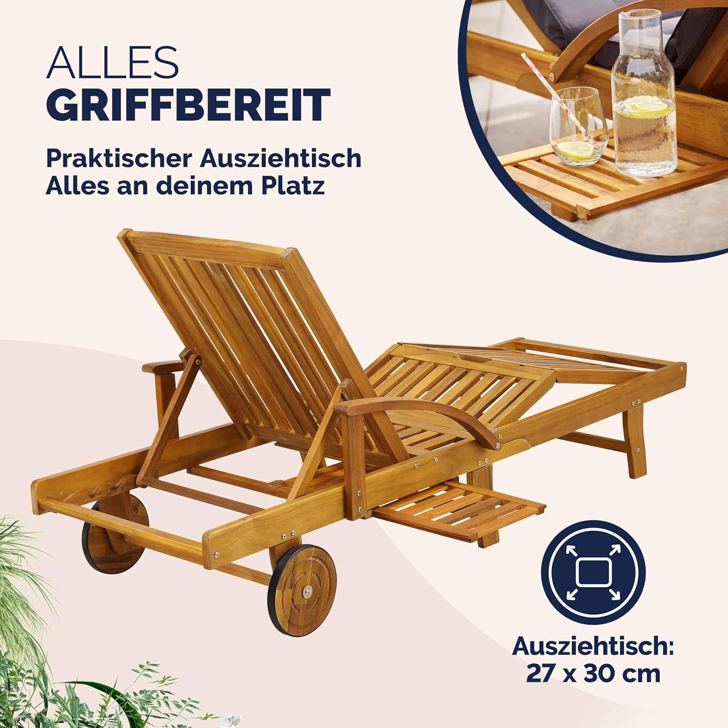 Casaria Sonnenliege 2er Set aus Akazienholz, Braun, klappbar mit Rädern & Tisch, 195x59x30 cm