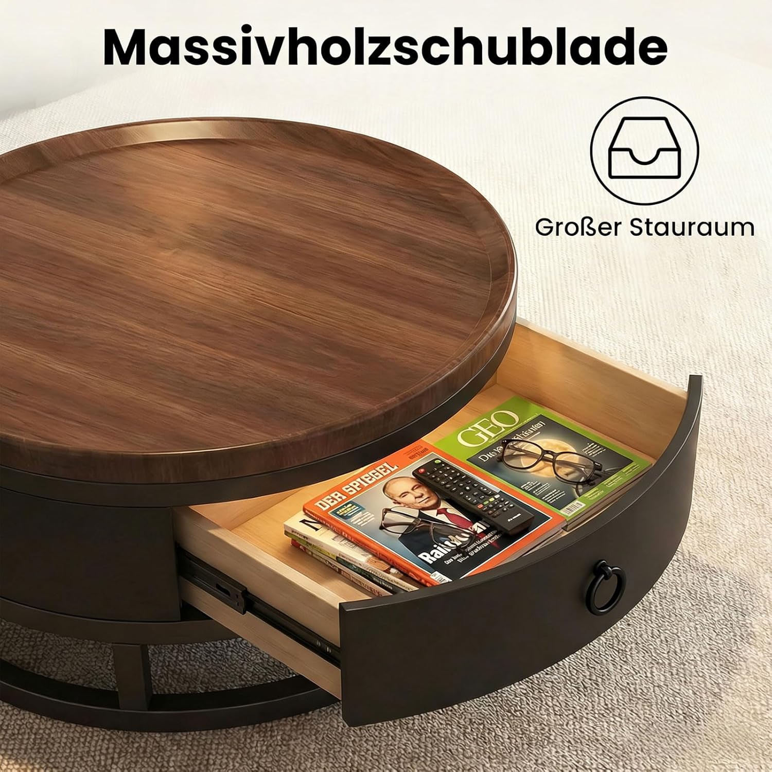 Couchtisch rund 2er Set mit Stauraum, Wohnzimmertisch mit Holz Schubladen, Walnussoptik und Metallrahmen, Moderne Kaffeetische Satztische Sofatisch für Wohnzimmer Schlafzimmer
