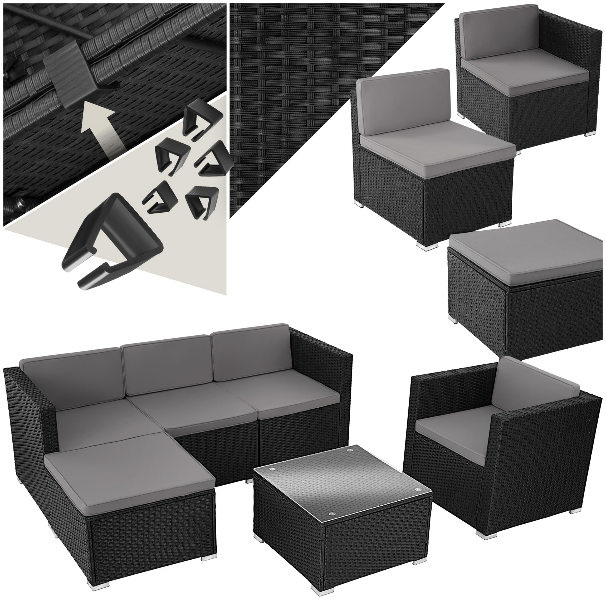 tectake Poly Rattan Lounge Gartenmöbel Set mit Sofa, Sesseln & Tisch – Wetterfeste Outdoor Sitzgruppe