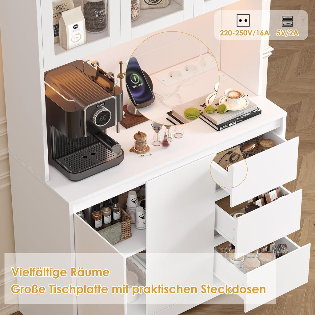 FirFurd Küchenschrank Weiß 180x100x38,5 cm mit LED, Steckdose, Arbeitsplatte, Buffetschrank mit Glastüren & 3 Schubladen