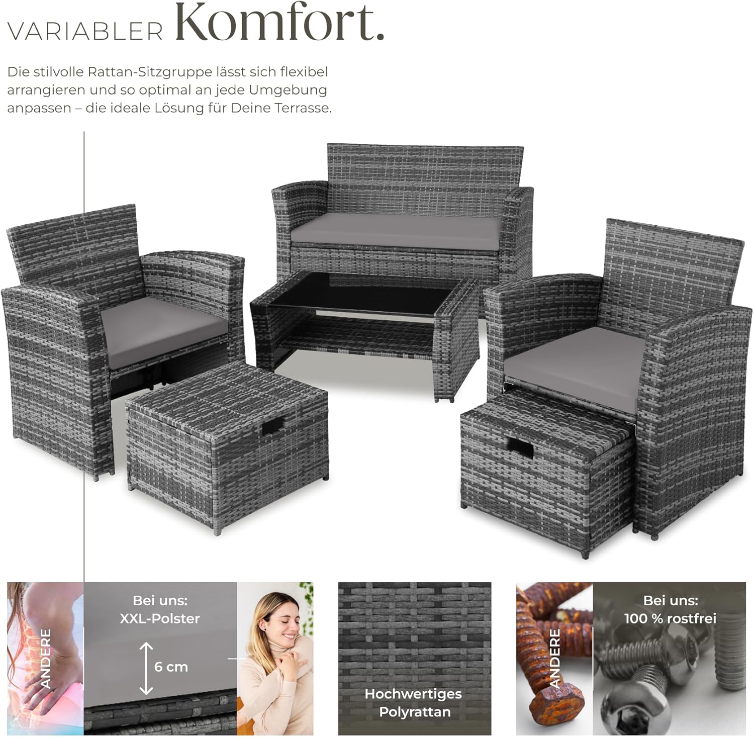 tectake Polyrattan Garten Lounge Set 4 Personen mit Hocker & Auflagenbox, Outdoor Sitzgruppe mit Tisch & Kissen, Balkonmöbel
