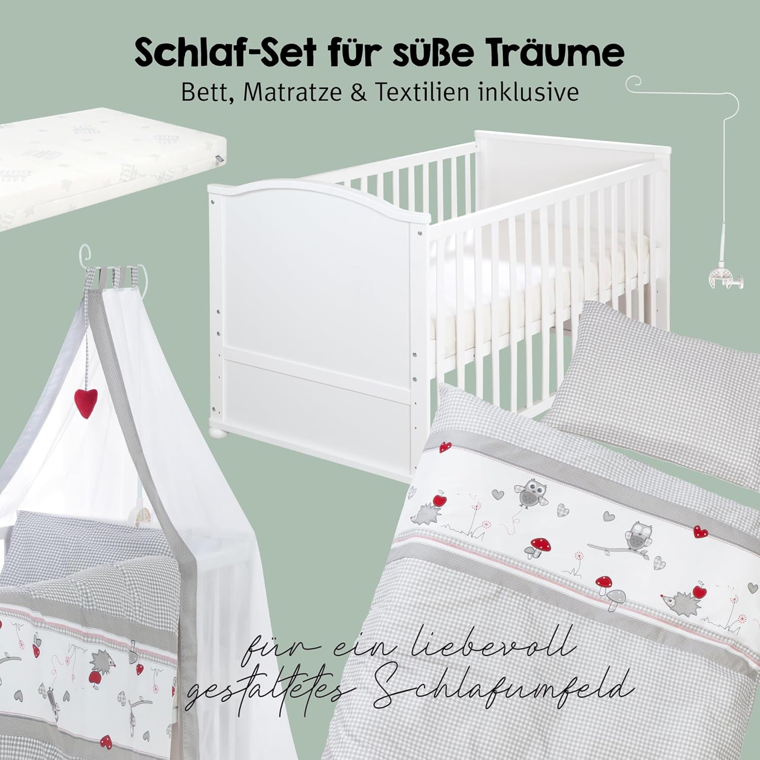 roba Babybett Set 70x140 mit Matratze, Bettwäsche & Himmel, Umbaubar zum Juniorbett