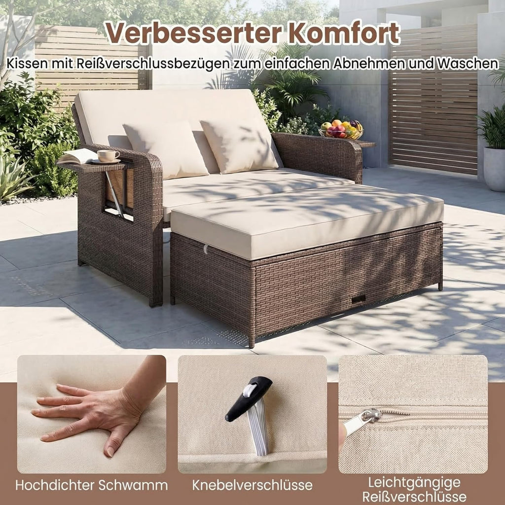 GIANTEX Rattan Lounge Gartenmöbel Set 2-Sitzer Doppelliege mit Hocker & Stauraum, Verstellbares Outdoor Sofa Balkon Terrasse