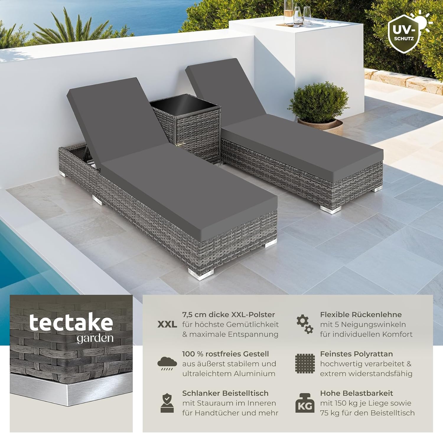 tectake 2er Gartenliege Set mit Tisch - Aluminium & Polyrattan Sonnenliegen, 5-fach Verstellbar, Schutzhülle inklusive