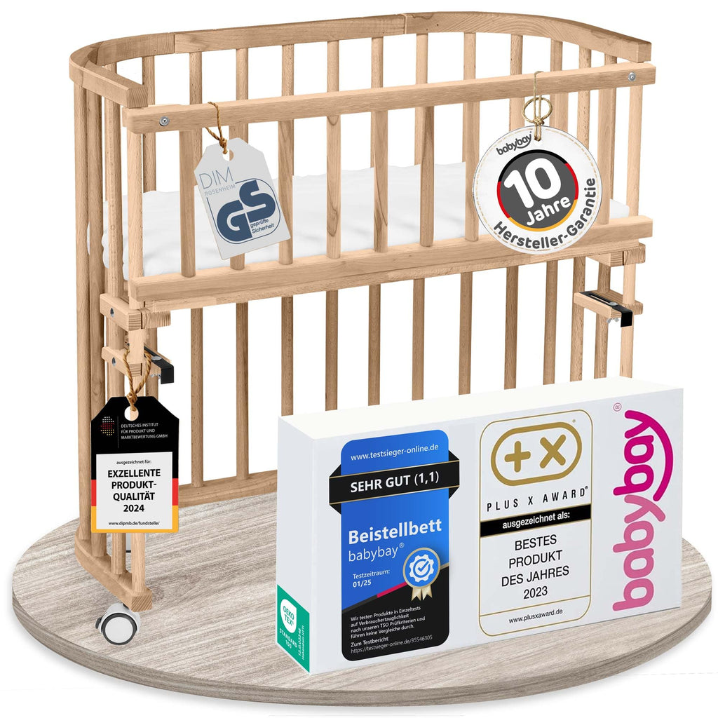 babybay Original Beistellbett aus massivem Buchenholz mit Matratze – Höhenverstellbares mitwachsendes Babybett