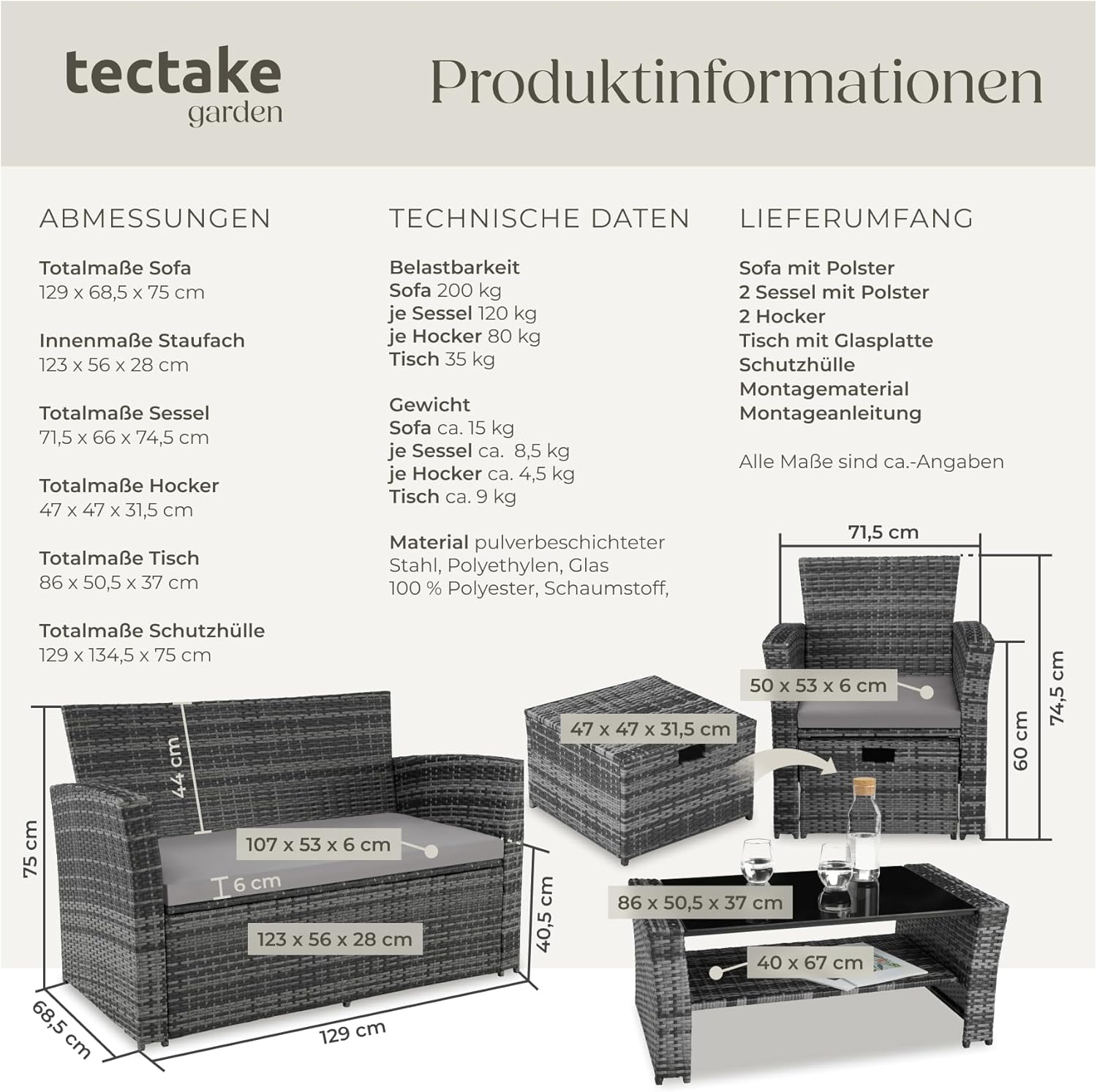 tectake Polyrattan Garten Lounge Set 4 Personen mit Hocker & Auflagenbox, Outdoor Sitzgruppe mit Tisch & Kissen, Balkonmöbel
