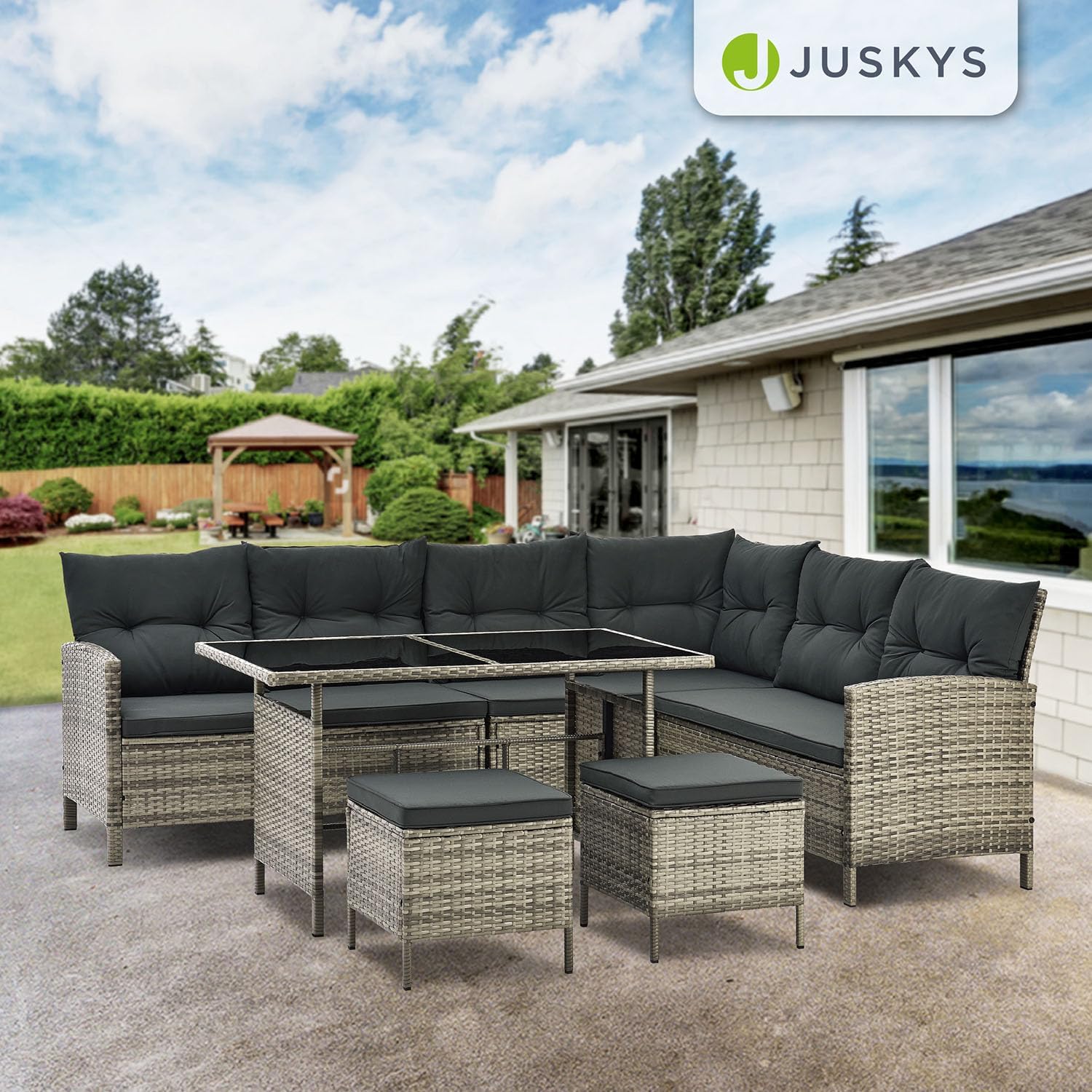 Juskys Polyrattan Gartenlounge Grau – Sitzgruppe mit Ecksofa, Tisch, Hocker, wetterfest, Outdoor Möbel Set