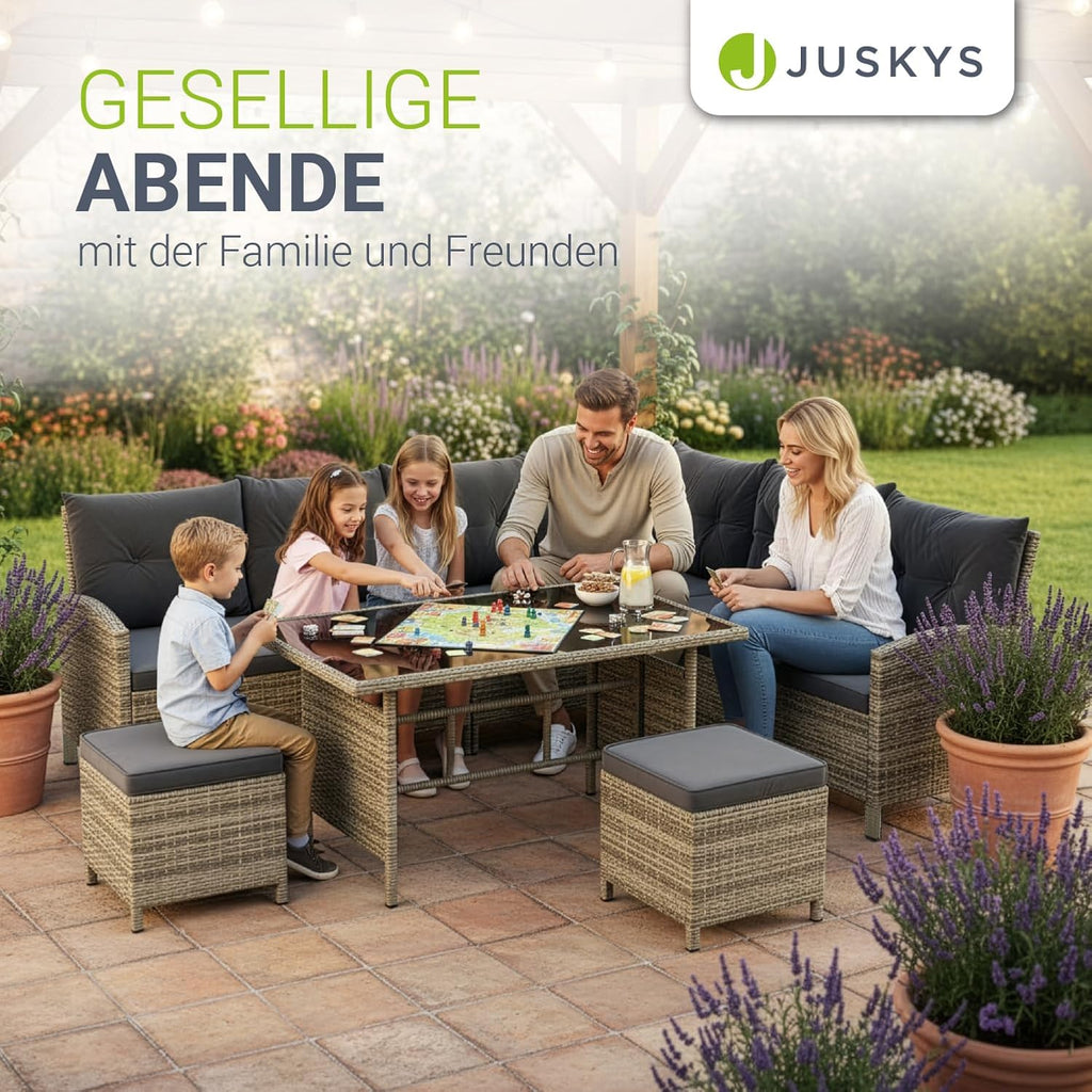 Juskys Polyrattan Gartenlounge Grau – Sitzgruppe mit Ecksofa, Tisch, Hocker, wetterfest, Outdoor Möbel Set