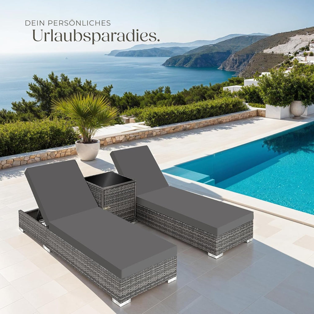 tectake 2er Gartenliege Set mit Tisch - Aluminium & Polyrattan Sonnenliegen, 5-fach Verstellbar, Schutzhülle inklusive