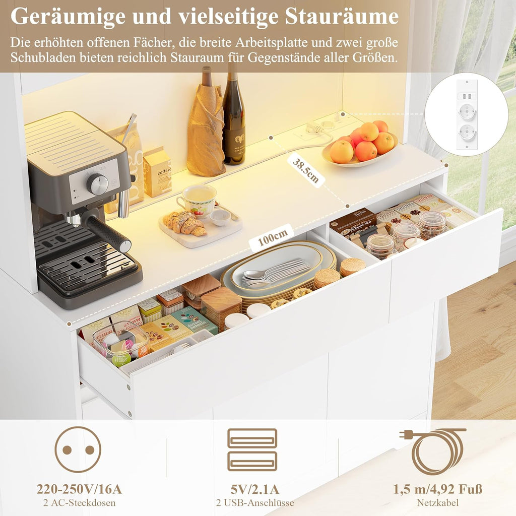 FirFurd Küchenschrank Buffetschrank Weiß 180x100x38,5 cm mit LED, Steckdose, Arbeitsplatte, Sideboard mit Türen & Schubladen