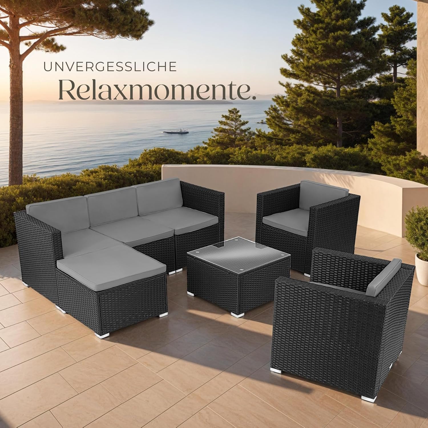 tectake Poly Rattan Lounge Gartenmöbel Set mit Sofa, Sesseln & Tisch – Wetterfeste Outdoor Sitzgruppe