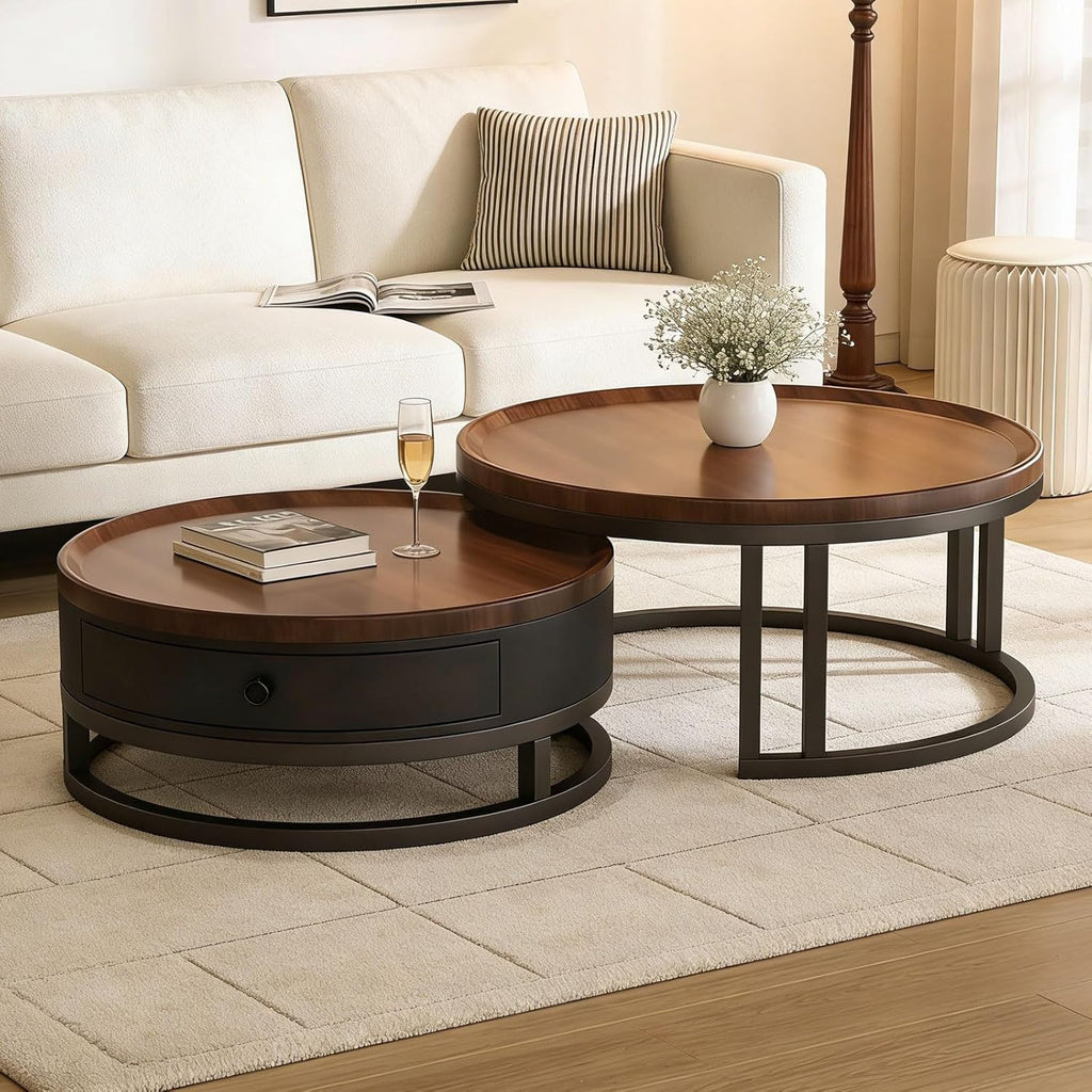Couchtisch rund 2er Set mit Stauraum, Wohnzimmertisch mit Holz Schubladen, Walnussoptik und Metallrahmen, Moderne Kaffeetische Satztische Sofatisch für Wohnzimmer Schlafzimmer