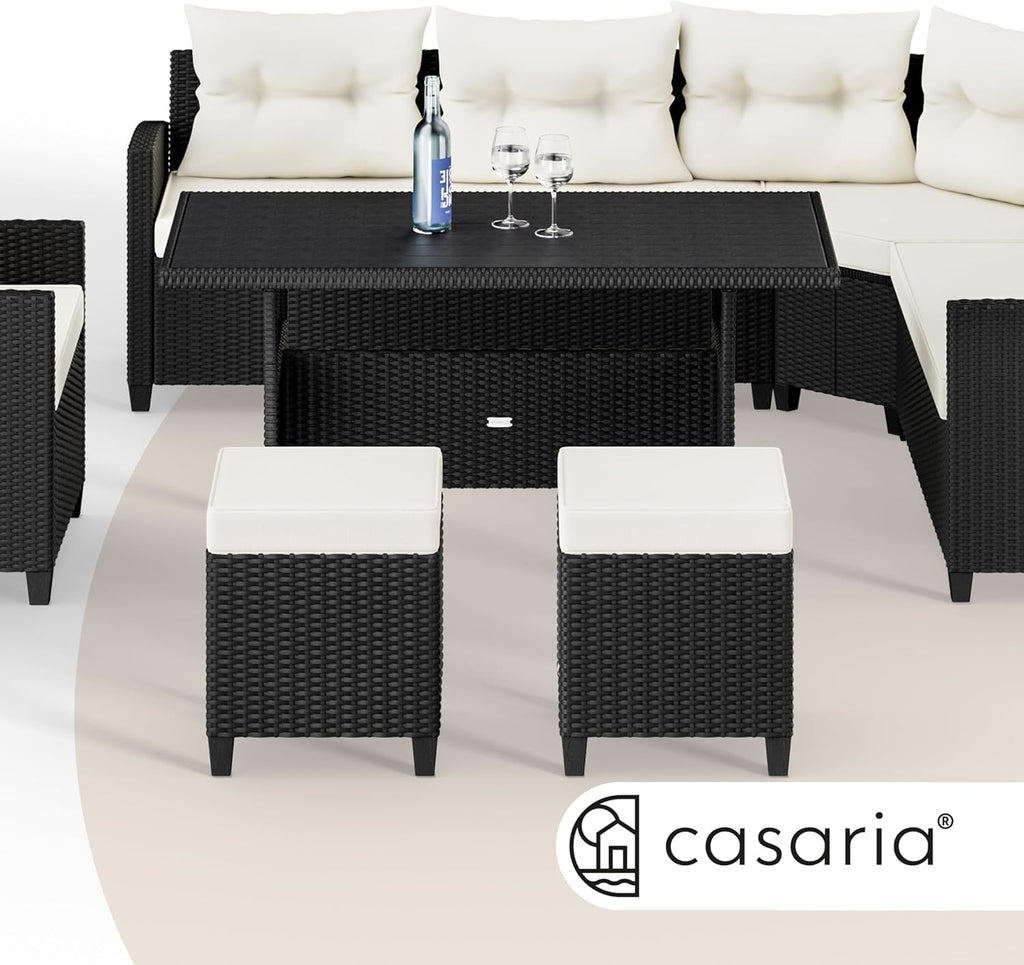 Casaria Polyrattan Ecklounge Set Schwarz mit WPC Tisch, Sessel & 2 Hockern, Wetterfeste Gartenmöbel für Terrasse & Balkon