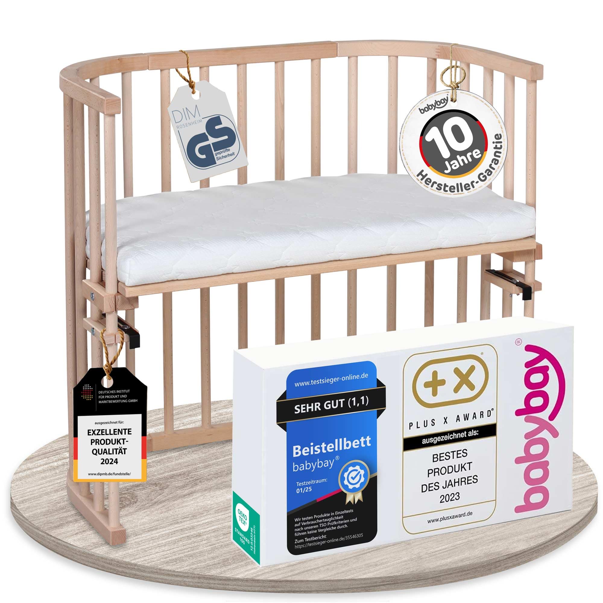 babybay Original Beistellbett aus massivem Buchenholz mit Matratze – Höhenverstellbares mitwachsendes Babybett