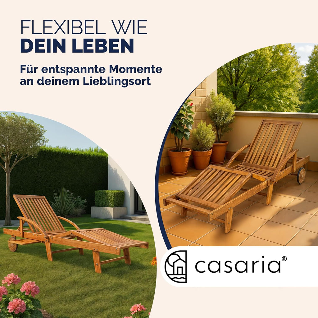 Casaria Sonnenliege 2er Set Akazienholz Klappbar Wetterfest mit Rädern & Ausziehtisch Gartenliege Braun 196 cm