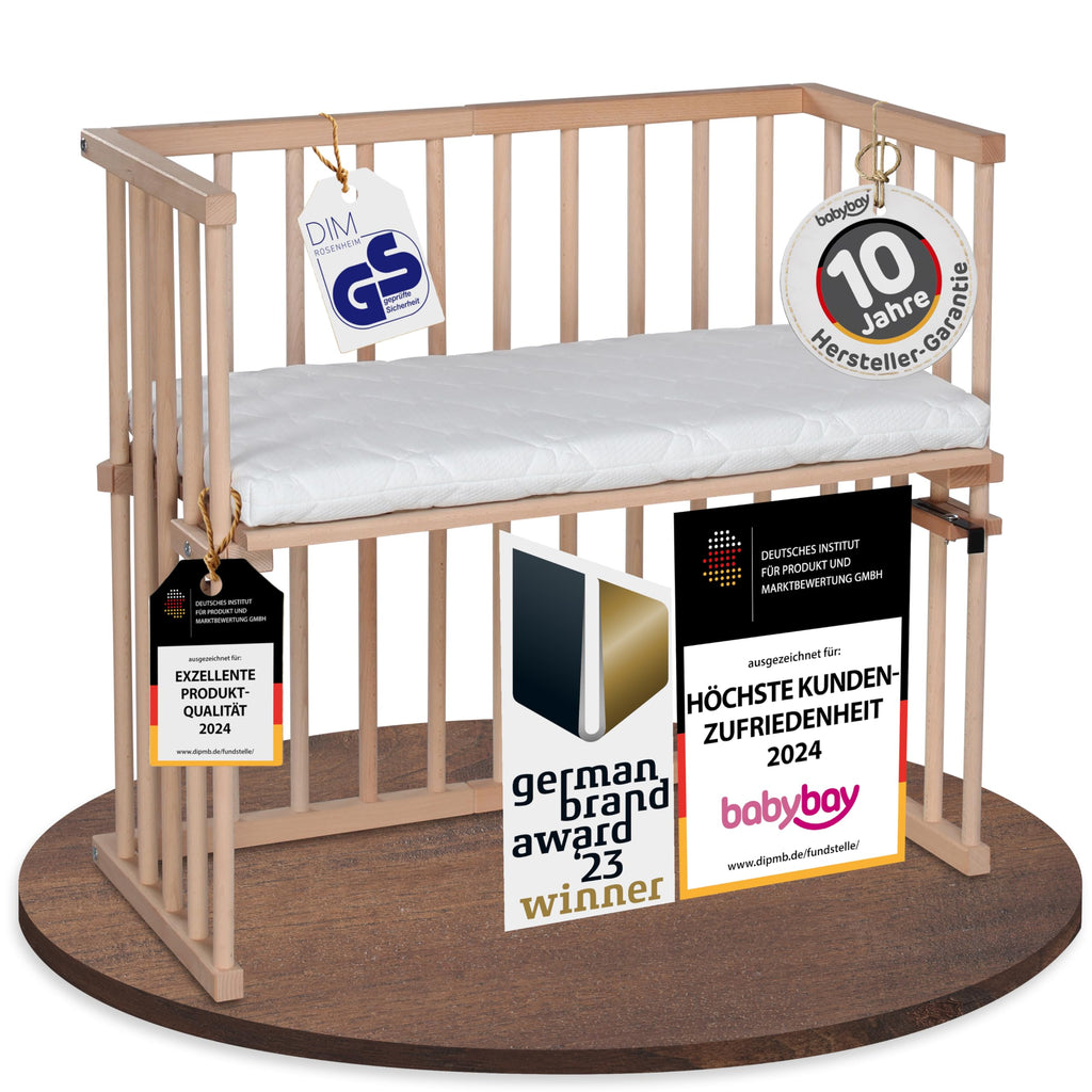 babybay Original Beistellbett aus massivem Buchenholz mit Matratze – Höhenverstellbares mitwachsendes Babybett