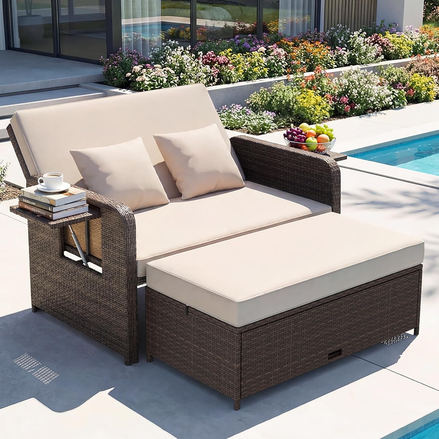 GIANTEX Rattan Lounge Gartenmöbel Set 2-Sitzer Doppelliege mit Hocker & Stauraum, Verstellbares Outdoor Sofa Balkon Terrasse