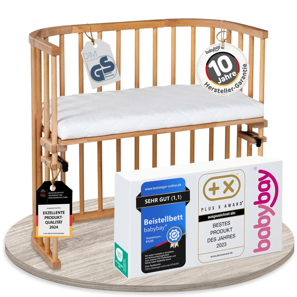 babybay Original Beistellbett aus massivem Buchenholz mit Matratze – Höhenverstellbares mitwachsendes Babybett