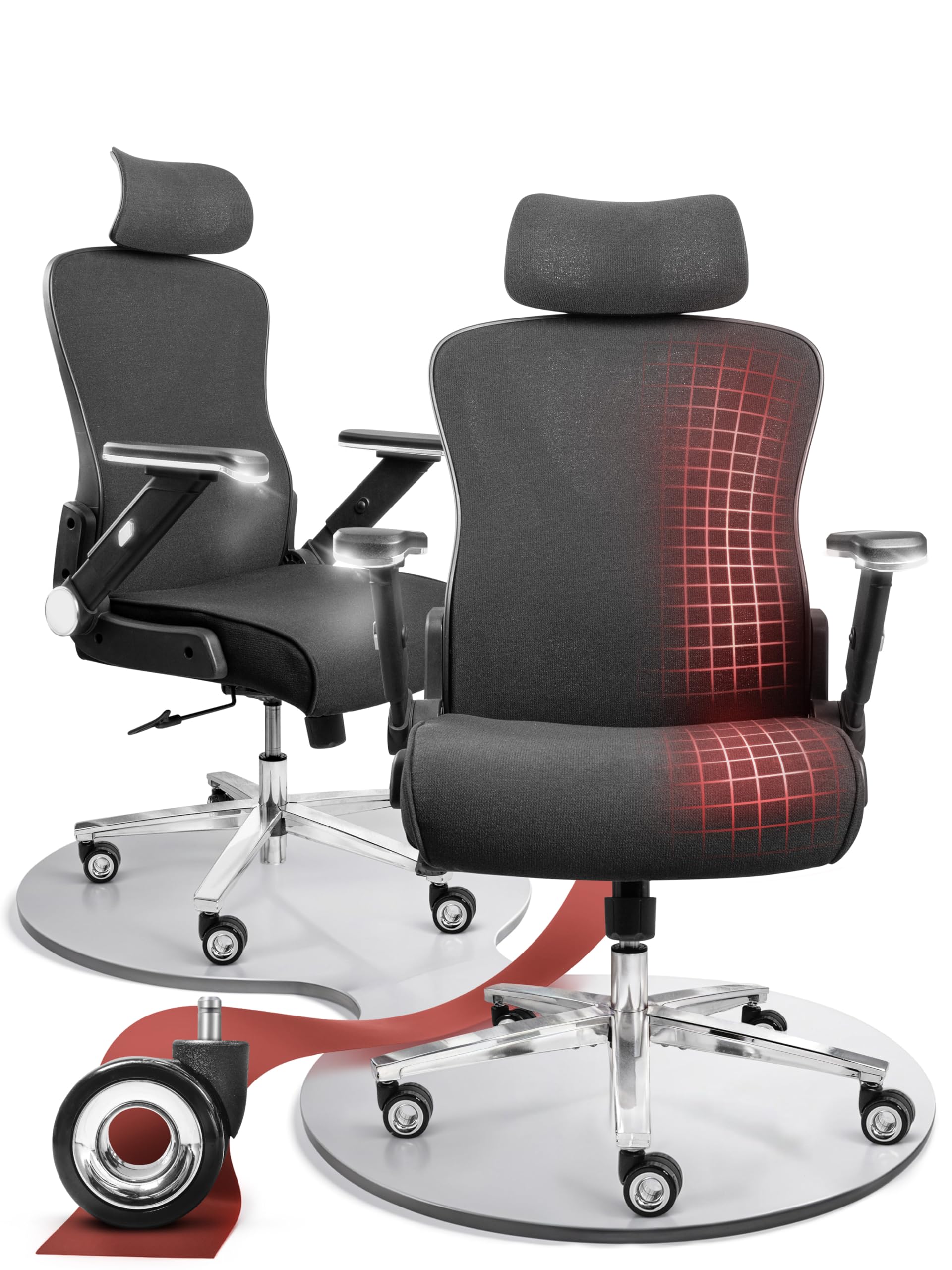 CLOUVOU BrightSeat Bürostuhl Ergonomisch Schwarz bis 150 kg mit Kopfstütze, Lendenstütze, 2D Armlehnen, Drehstuhl