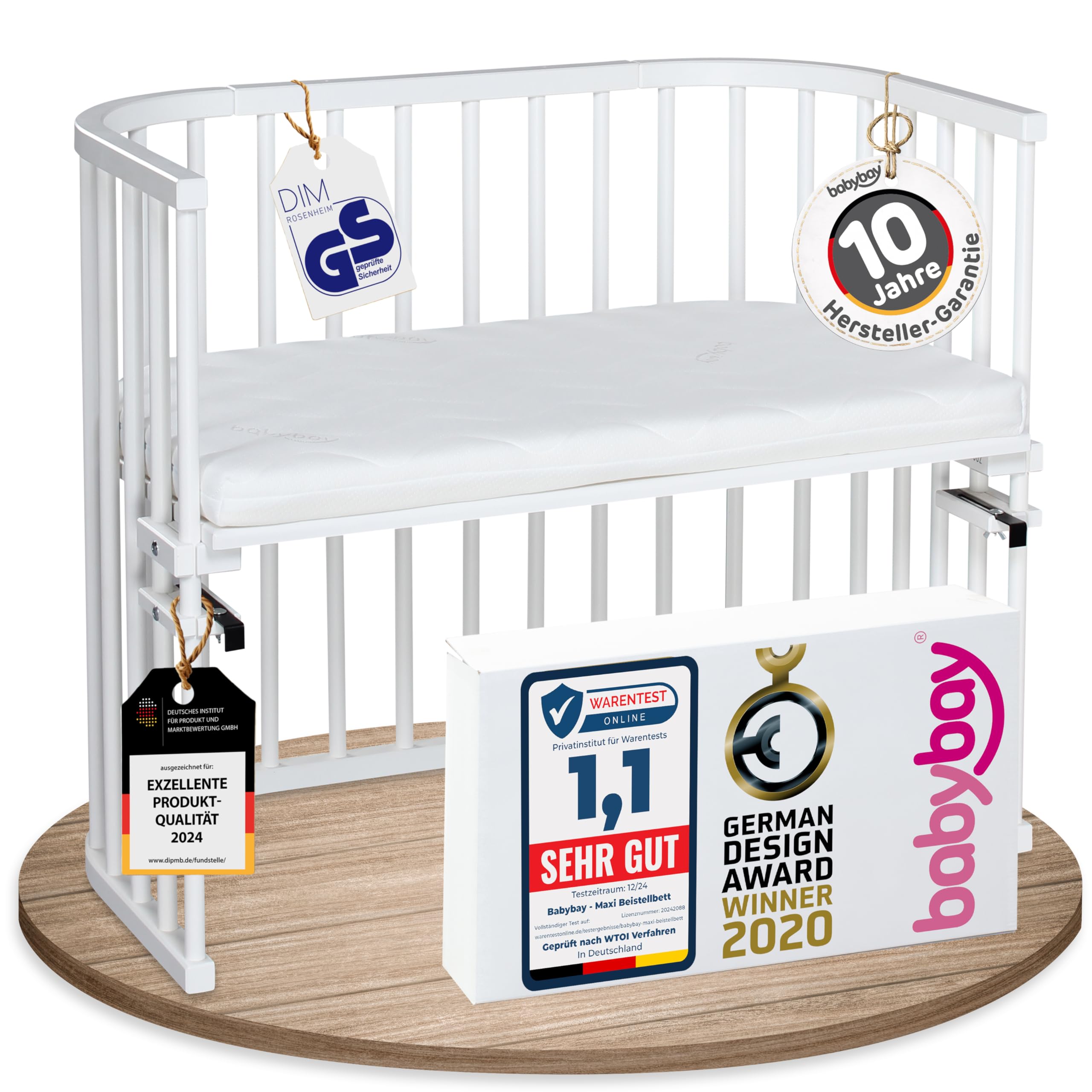 babybay Original Beistellbett aus massivem Buchenholz mit Matratze – Höhenverstellbares mitwachsendes Babybett