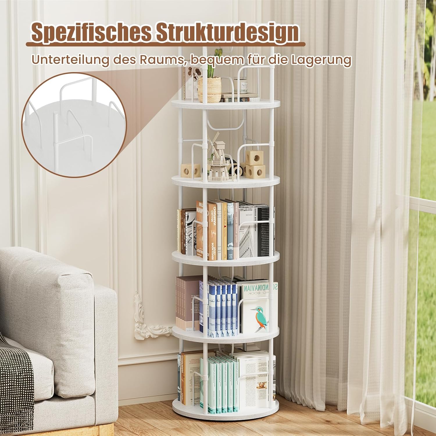 360° Drehbares Bücherregal, Bodenstehendes Bücherschrank Aus Holz, Bookshelf Mit 5 Ebenen, Verstellbare Ebenen, Standregal, 45×45×160cm, Weiß