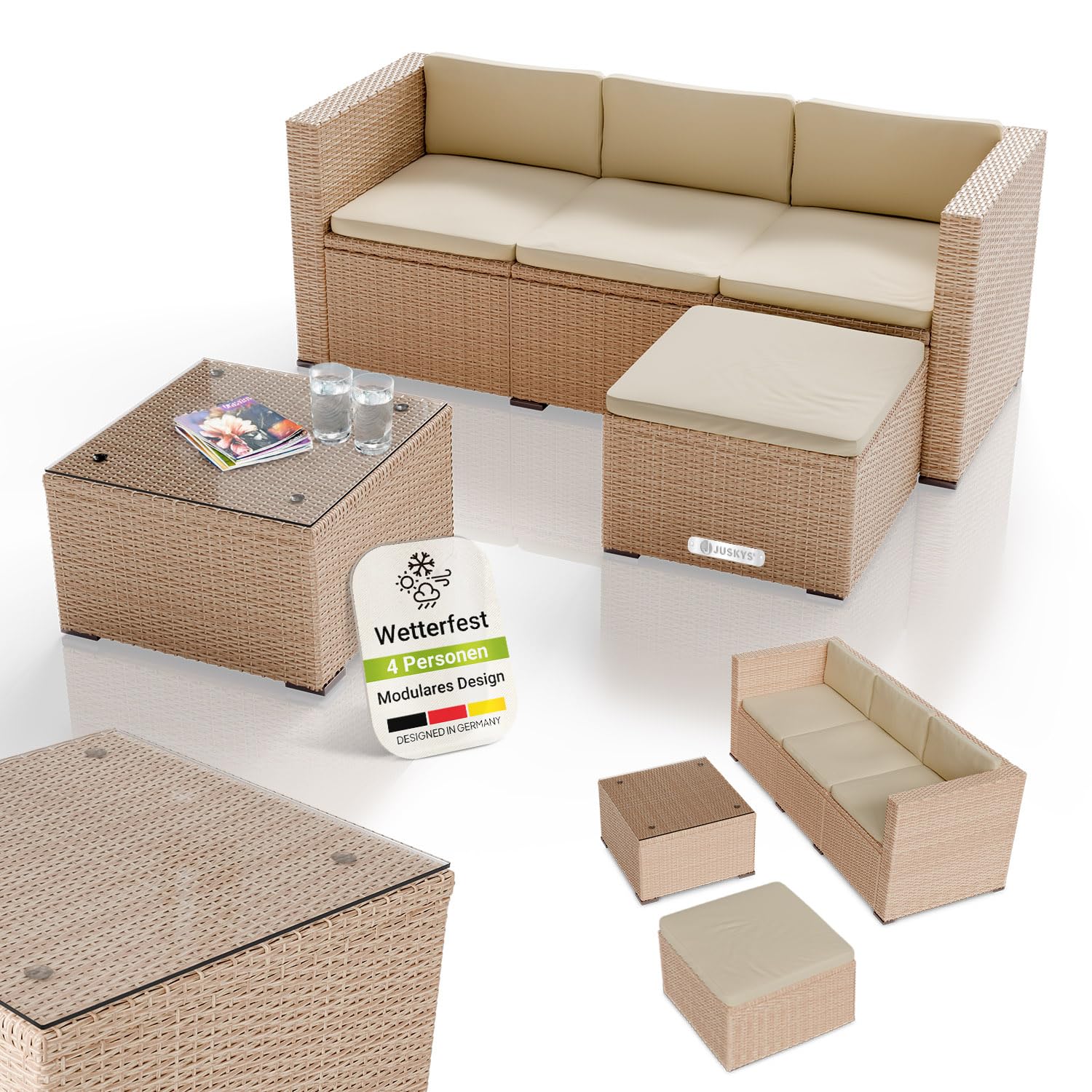 Juskys Polyrattan Lounge Set für 3-4 Personen mit Sofa, Hocker, Tisch & Kissen, Wetterfeste Gartenmöbel
