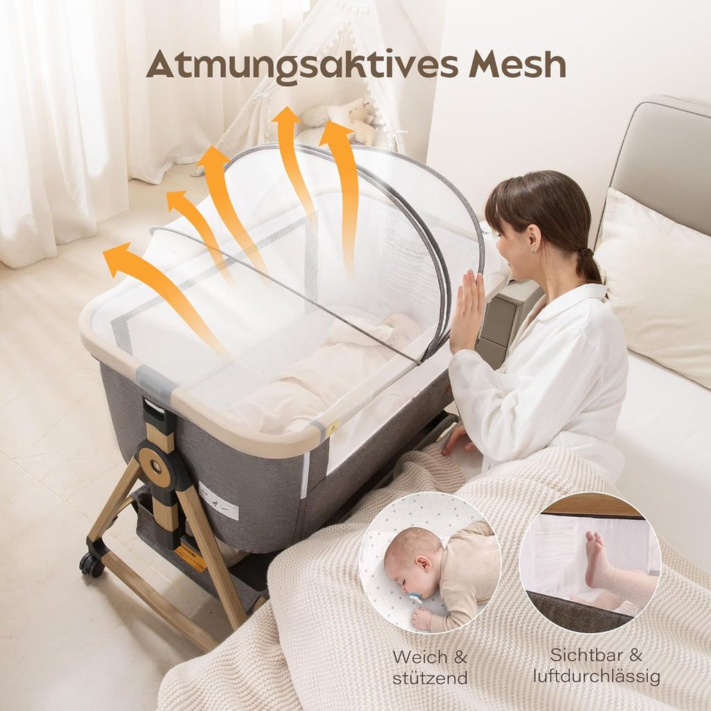 Maydolly 3-in-1 Baby Beistellbett Grau mit Matratze & Moskitonetz, Höhenverstellbares Reisebett mit Rollen für Neugeborene