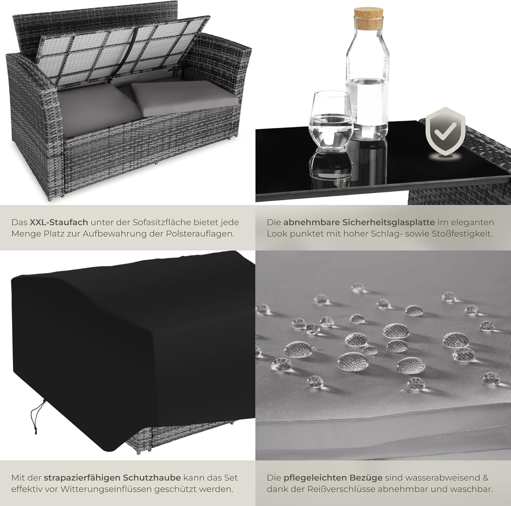 tectake Polyrattan Garten Lounge Set 4 Personen mit Hocker & Auflagenbox, Outdoor Sitzgruppe mit Tisch & Kissen, Balkonmöbel