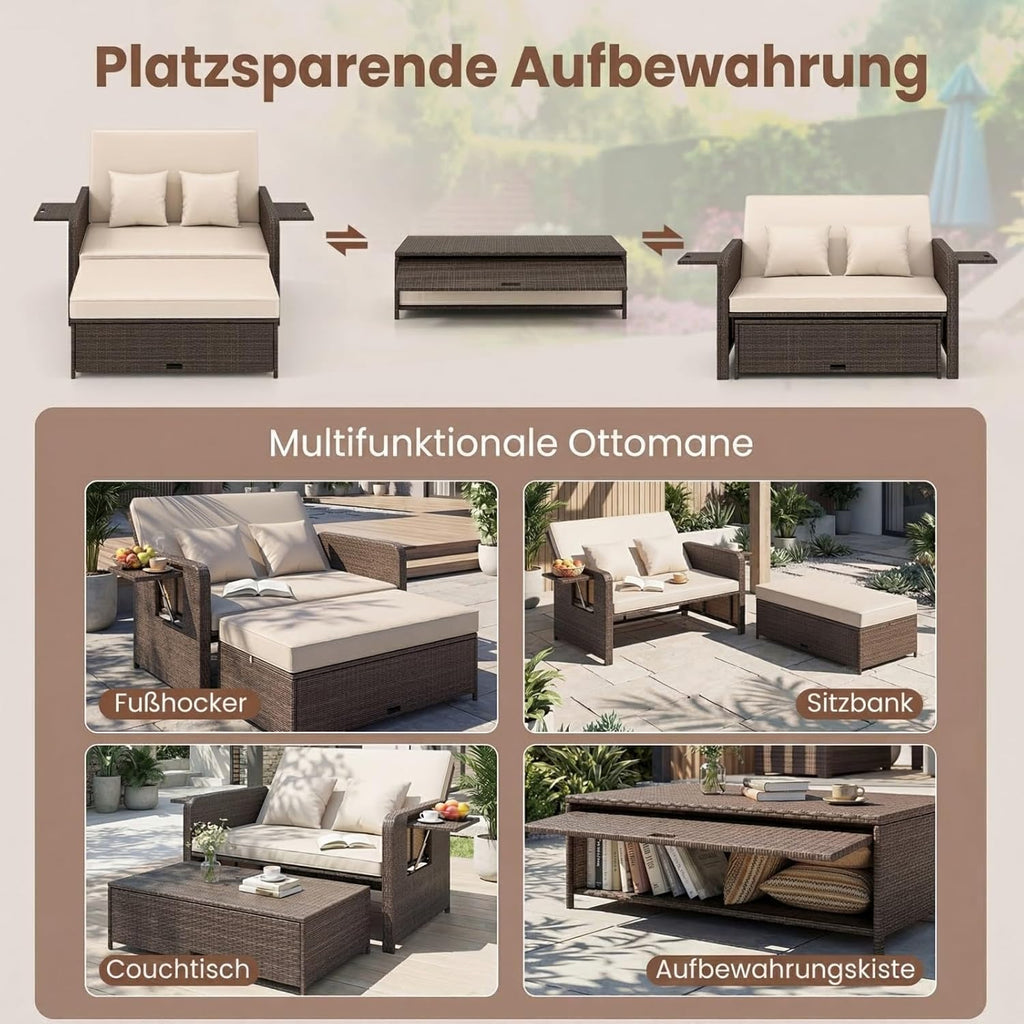 GIANTEX Rattan Lounge Gartenmöbel Set 2-Sitzer Doppelliege mit Hocker & Stauraum, Verstellbares Outdoor Sofa Balkon Terrasse