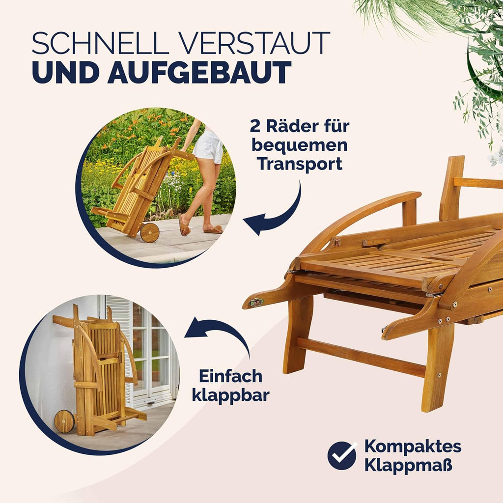 Casaria Sonnenliege 2er Set Akazienholz Klappbar Wetterfest mit Rädern & Ausziehtisch Gartenliege Braun 196 cm