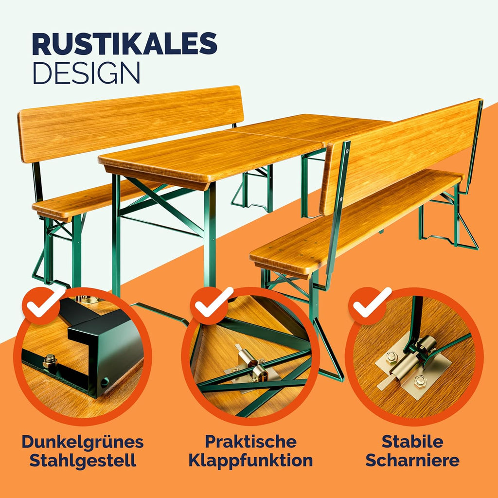 Casaria Bierzeltgarnitur 170 cm Braun Holz Stahl klappbar mit Lehne 3-teilig Bierbank Set Tisch Outdoor