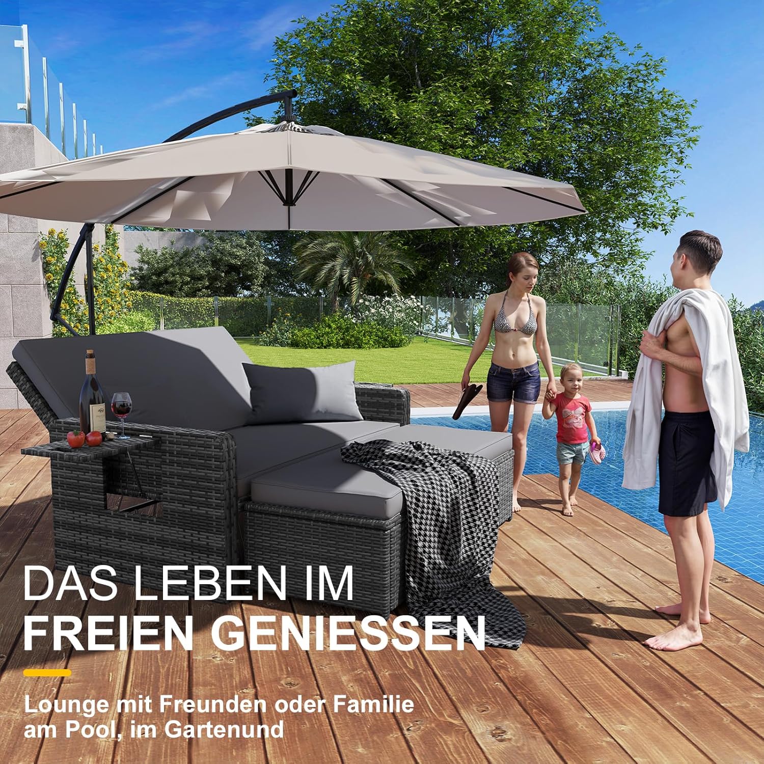 UDPATIO Rattan Lounge Sofa 2-Sitzer Grau meliert mit Hocker & Stauraum, verstellbare Rückenlehne, Metall & PE-Rattan