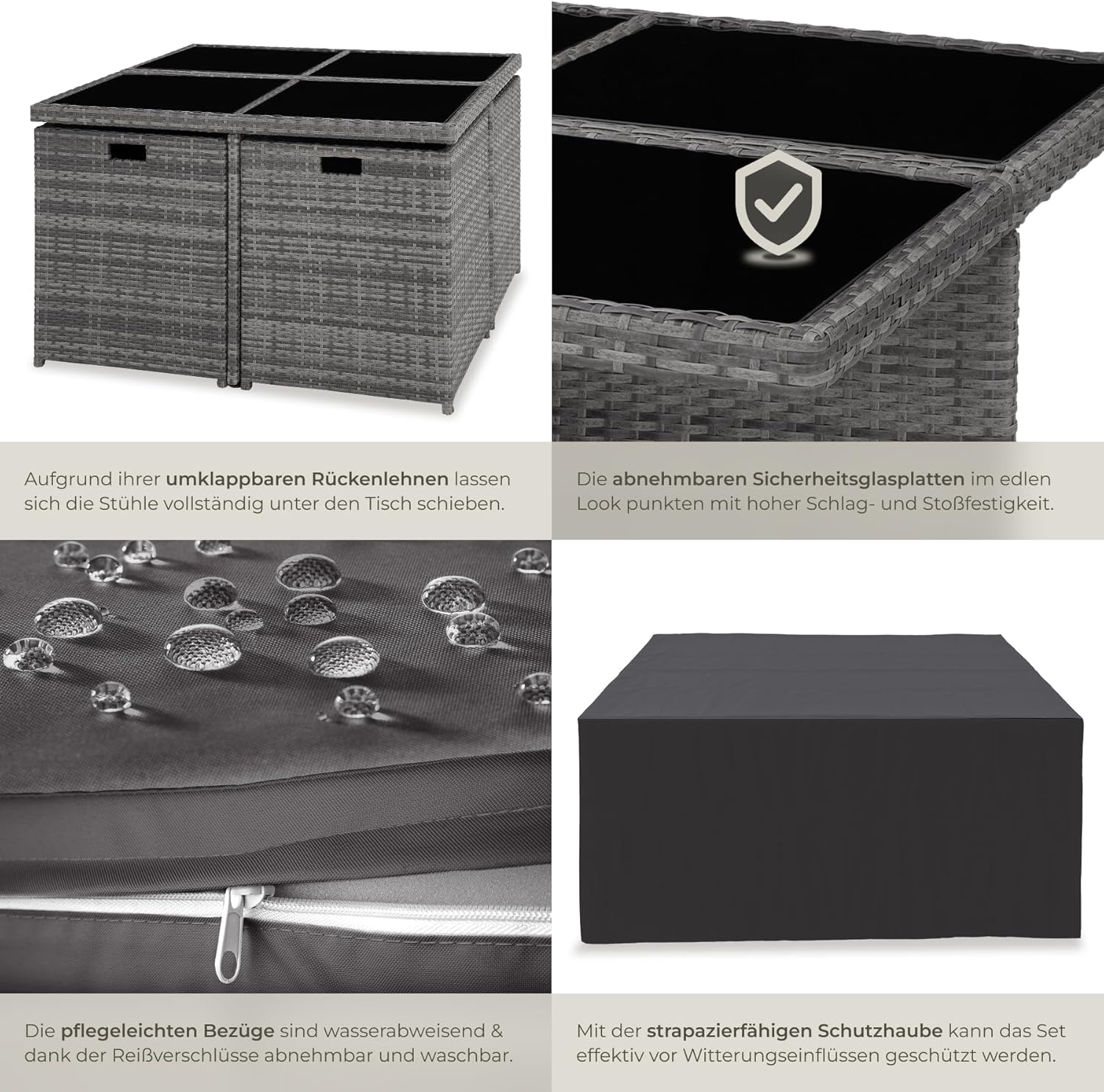 tectake Rattan Lounge Set mit Aluminiumgestell, 4 Stühle, 4 Hocker & Glastisch Wetterfeste Gartenmöbel