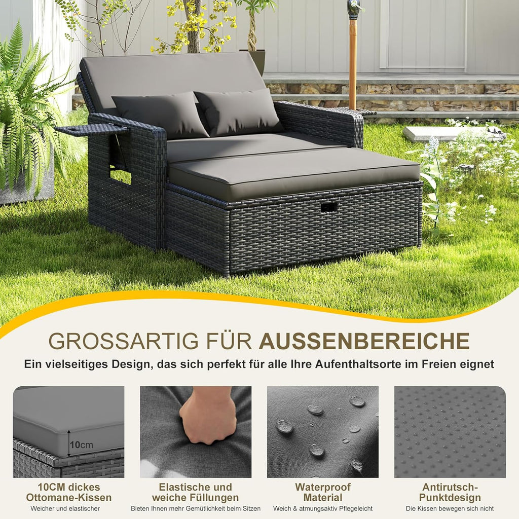 UDPATIO Rattan Lounge Sofa 2-Sitzer Grau meliert mit Hocker & Stauraum, verstellbare Rückenlehne, Metall & PE-Rattan