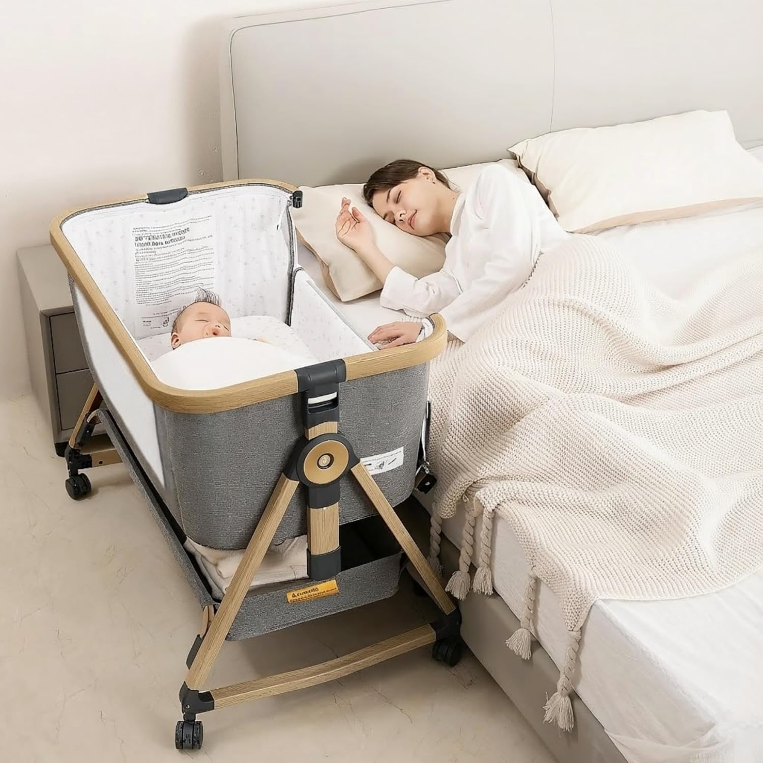 Maydolly 3-in-1 Baby Beistellbett Grau mit Matratze & Moskitonetz, Höhenverstellbares Reisebett mit Rollen für Neugeborene