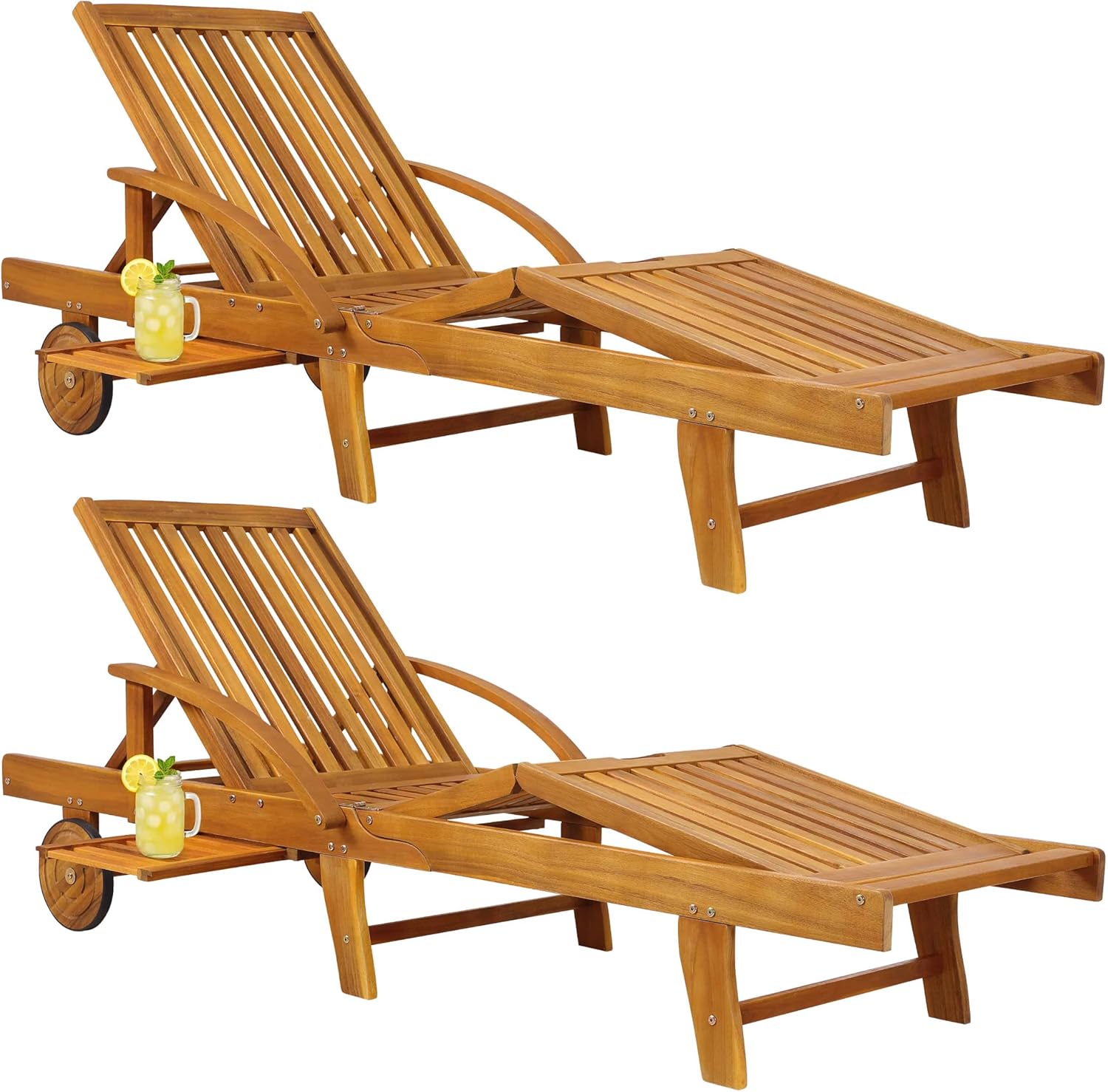 Casaria Sonnenliege 2er Set Akazienholz Klappbar Wetterfest mit Rädern & Ausziehtisch Gartenliege Braun 196 cm