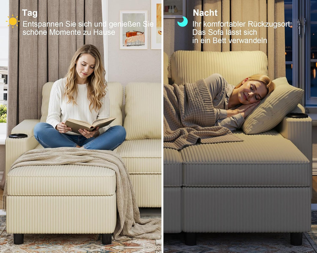 Devoko Ecksofa mit Schlaffunktion L-Form Schlafsofa mit Bettkasten Velours 3-Sitzer