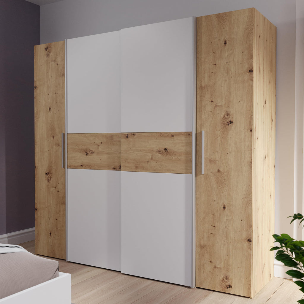 Forte Kalixtus Kleiderschrank mit Schwebetüren – Moderner 4-türiger Kleiderschrank aus Holzwerkstoff mit Kleiderstange & Einlegeböden